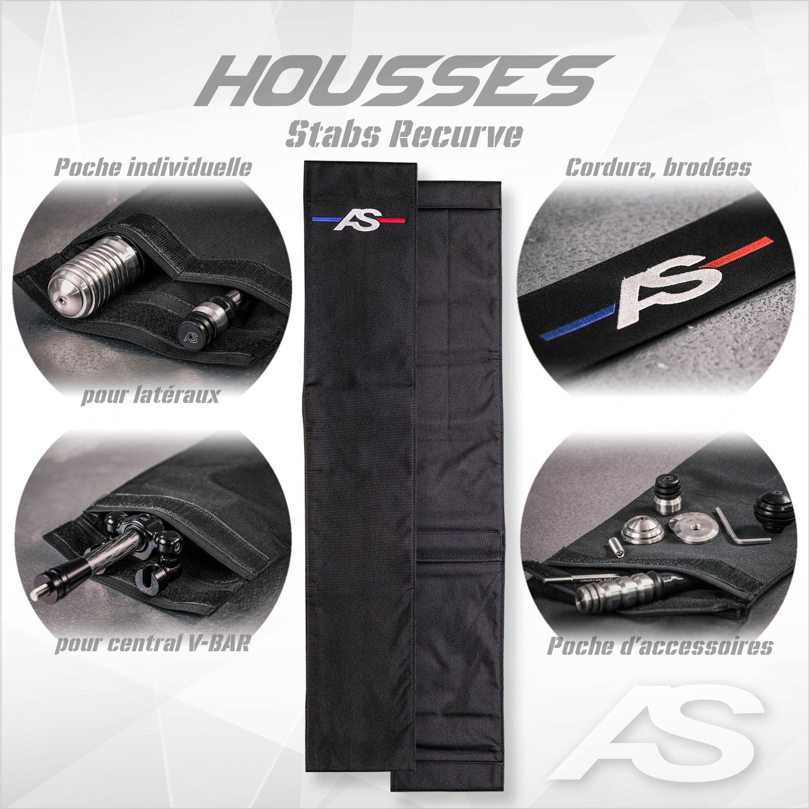 Housse Stabilisateur AS Cordura - Centrale, Latérale ou Recurve - Broderie AS 3 Couleurs